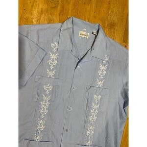 Guayabera Shirt Mens XL Blue Embroidered Cuban Short Sleeve Cotton Blend